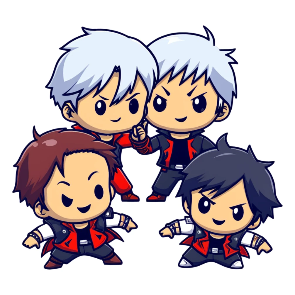 Cute chibi Devil May Cry characters, big heads, small bodies, childlike proportions sticker