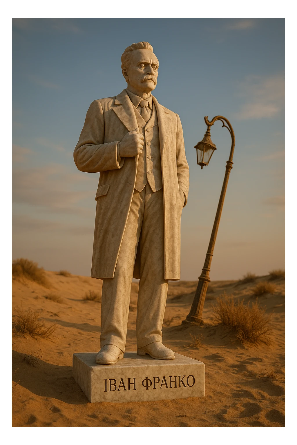 Ultra-realistic full-length marble statue inspired by a reference photo, placed in a desert with a broken lamppost beside it. The pedestal reads 'Іван Франко'. Sunset lighting, low-angle perspective. sticker