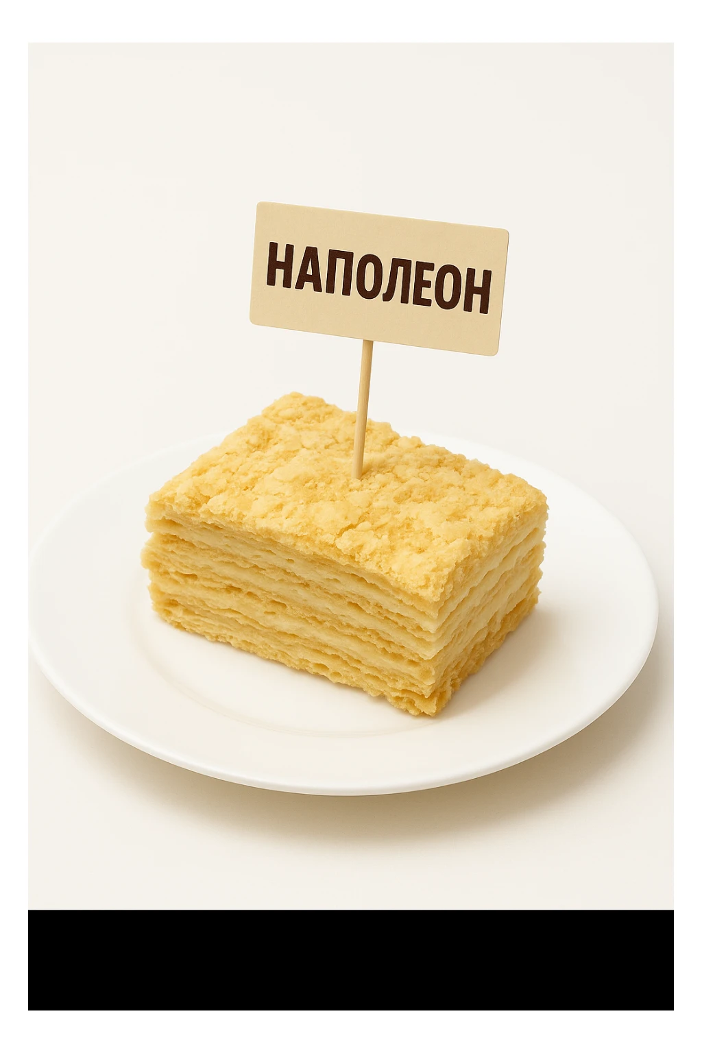 Сгенерируй мне такую же тарелку с кусочком наполеона, но что в нем торчала шпашка и на ней было написанно Наполеон  sticker