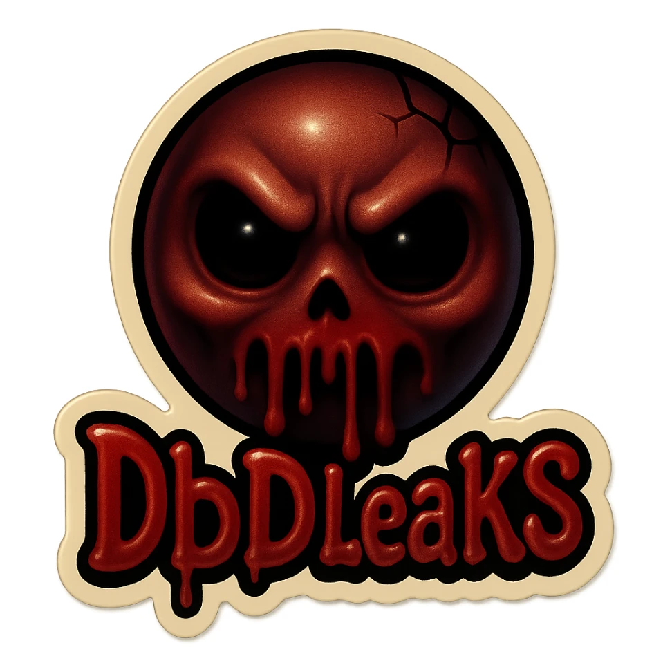 Transform the emoji into a horror-themed style with dark, spooky elements. Use blood red and shadowy colors. Make the text 'Dbd Leaks' look eerie and unsettling. Keep the background transparent. sticker