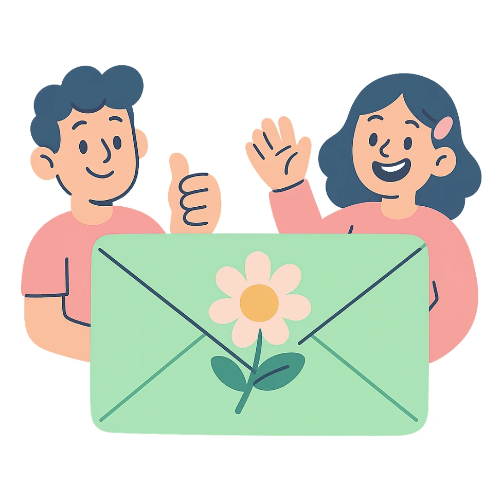 leaf envelope sealed with a flower, pastel greens and pinks, pastel-toon style sticker