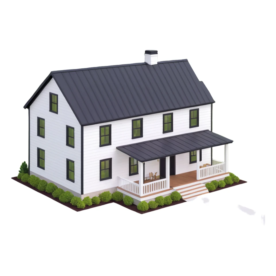 modern farmhouse with white siding, black roof and black trim, isometric exterior view sticker