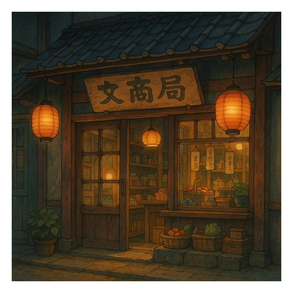 Cozy anime storefront with traditional Asian elements, warm lighting, hanging lanterns, shop sign in Japanese style, Studio Ghibli style sticker