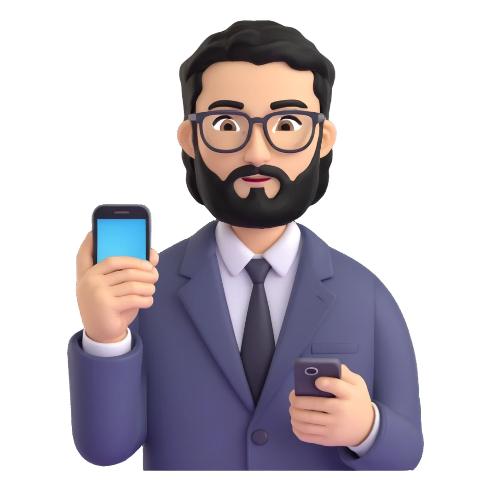 polished standing pose of professional man with medium black beard, black hair styled and combed to one side, connected unibrow, olive tan skin, brown eyes, glasses, prominent nose, dressed in formal black jacket, prominently displaying mobile phone in hand sticker