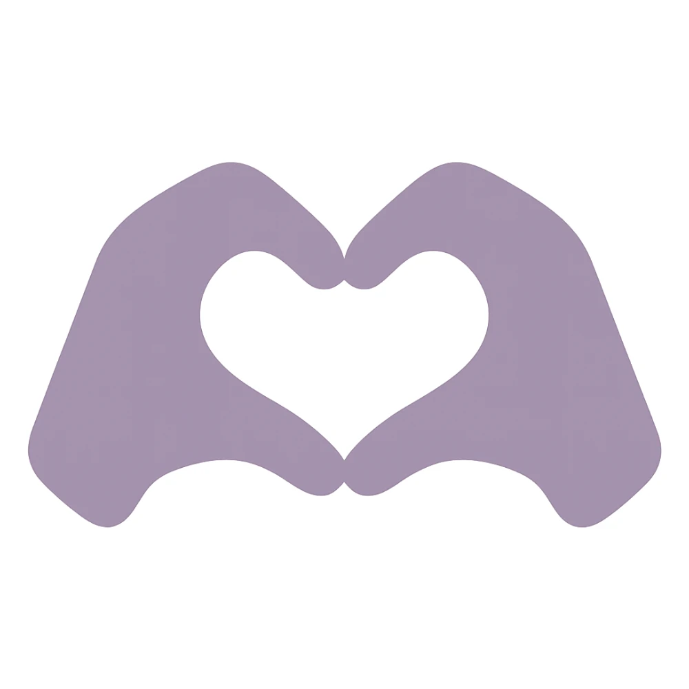 Make the hands more realistic while keeping the dull purple color-filled style, hands with soft edges forming a heart shape, maintain transparent background. sticker