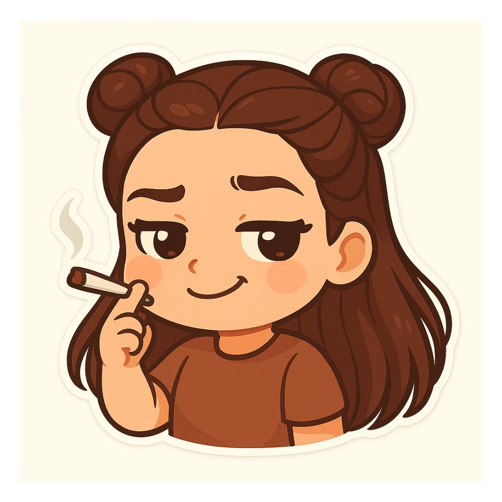 Create a chibi sticker of a girl with double bun hairstyle, same face and clothes as previous stickers, holding a cigarette with a smug and confident facial expression. sticker