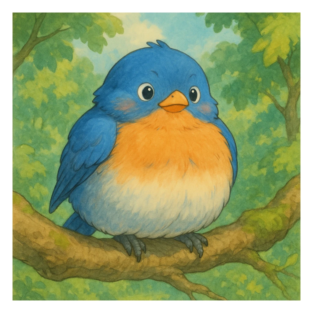a chubby bluebird perched on a branch, ghibli style sticker