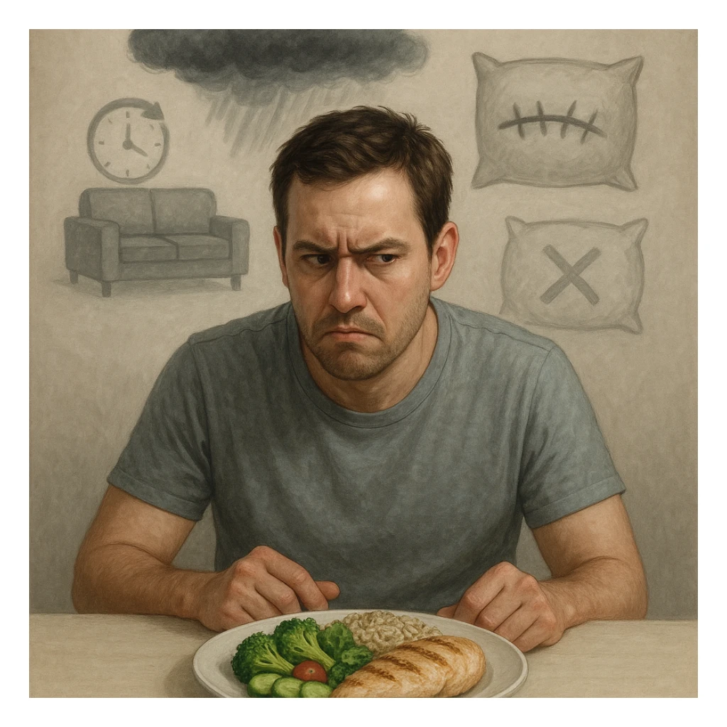 Realistic style illustration of a 30-year-old man sitting at a table, looking suspiciously at a plate of vegetables, brown rice, and chicken. Behind him, transparent and blurred symbolic elements: a storm above the head representing stress, a sewn mouth representing repressed emotions, a pillow with an X representing insomnia, and a sofa with a clock spinning representing sedentariness. Neutral atmosphere, realistic and symbolic style. sticker