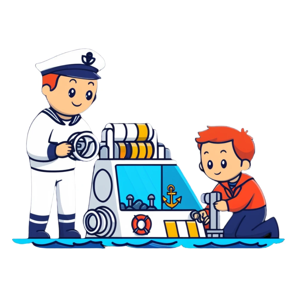 Marine geology process with sailor at winch and scientist analyzing ocean floor samples sticker