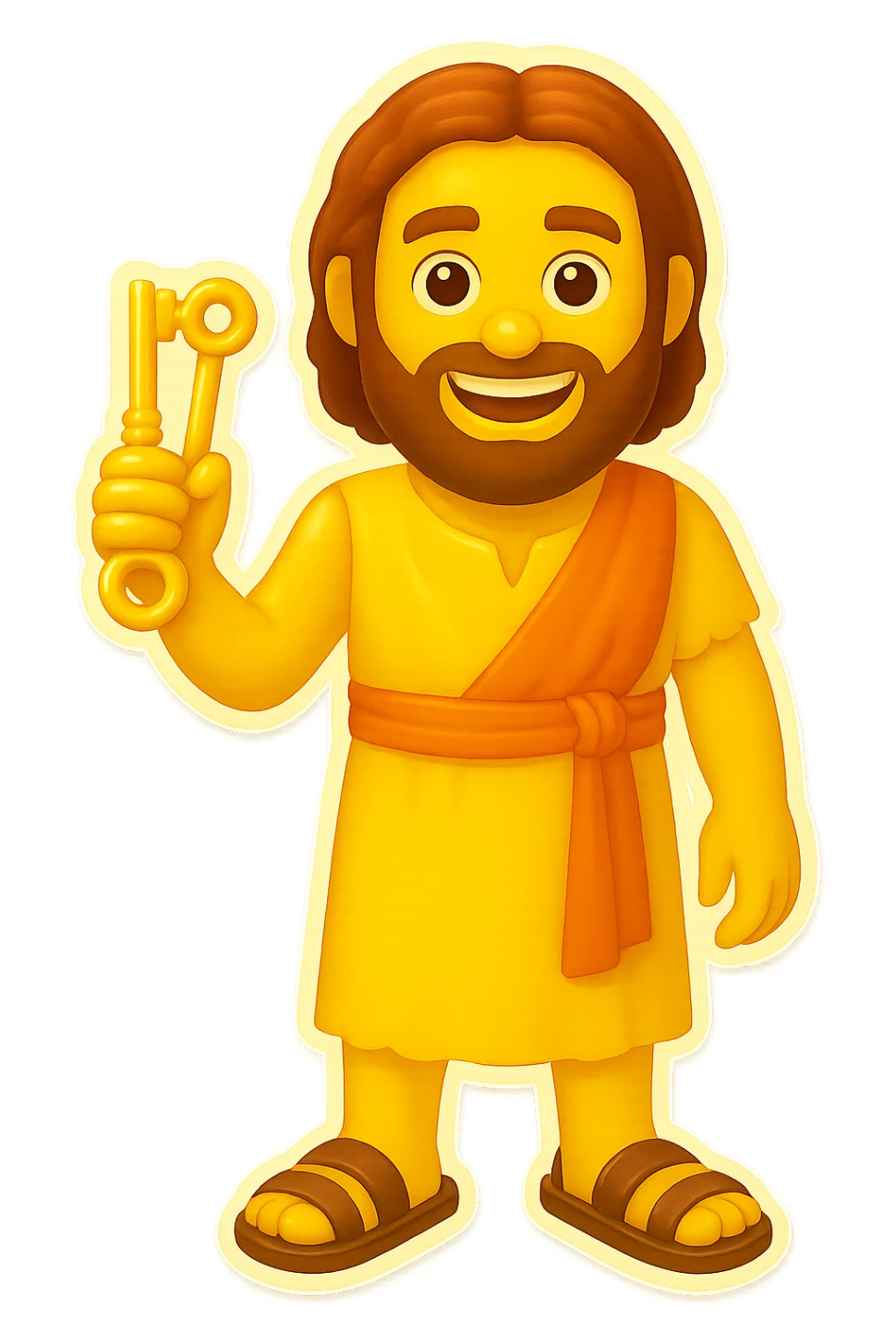 Make the colors even lighter and more saturated, matching the classic emoji yellow skin and bright robe style. Keep the sleeveless shirt and plain robes. Fullbody apostle Peter holding keys in a standing pose, no background. sticker