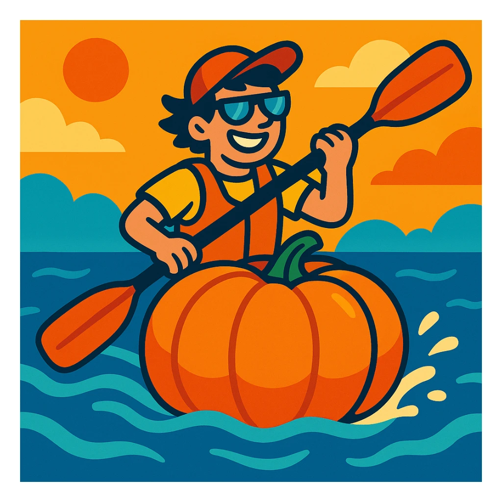 a kayaker riding a floating pumpkin on water, fun and adventurous, vibrant toon style, bright and lively sticker