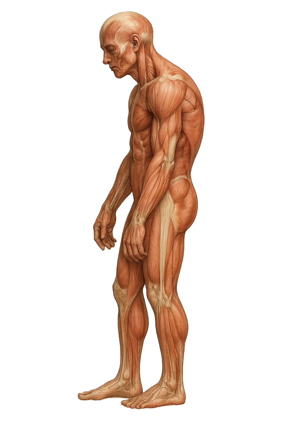 corpo umano anatomico realistico leggermente curvo con la schiena e le spalle che puntano leggermente in avanti, postura delle spalle chiuse, isolato su sfondo bianco sticker
