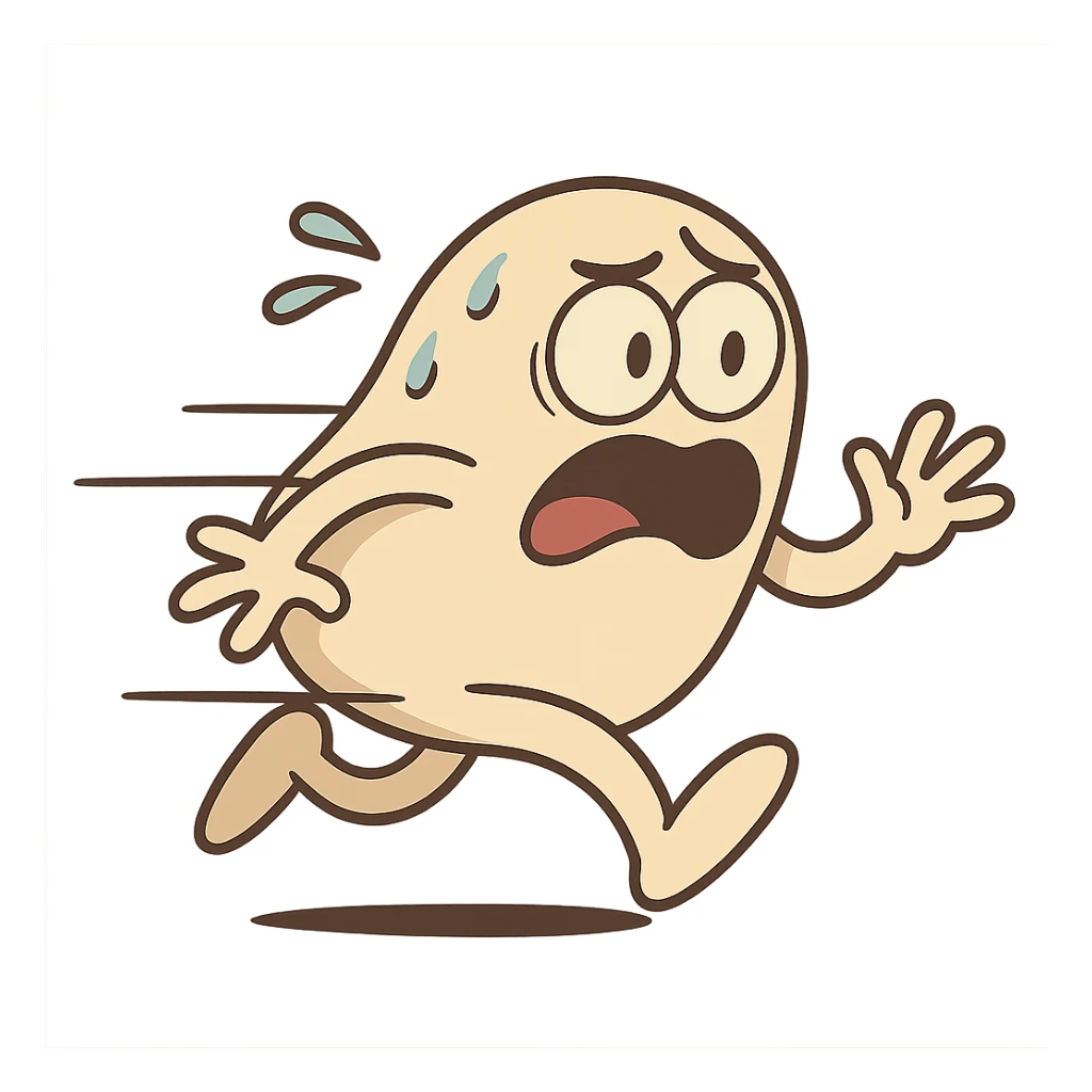 a scared blob character sprinting, cartoon style, motion lines sticker