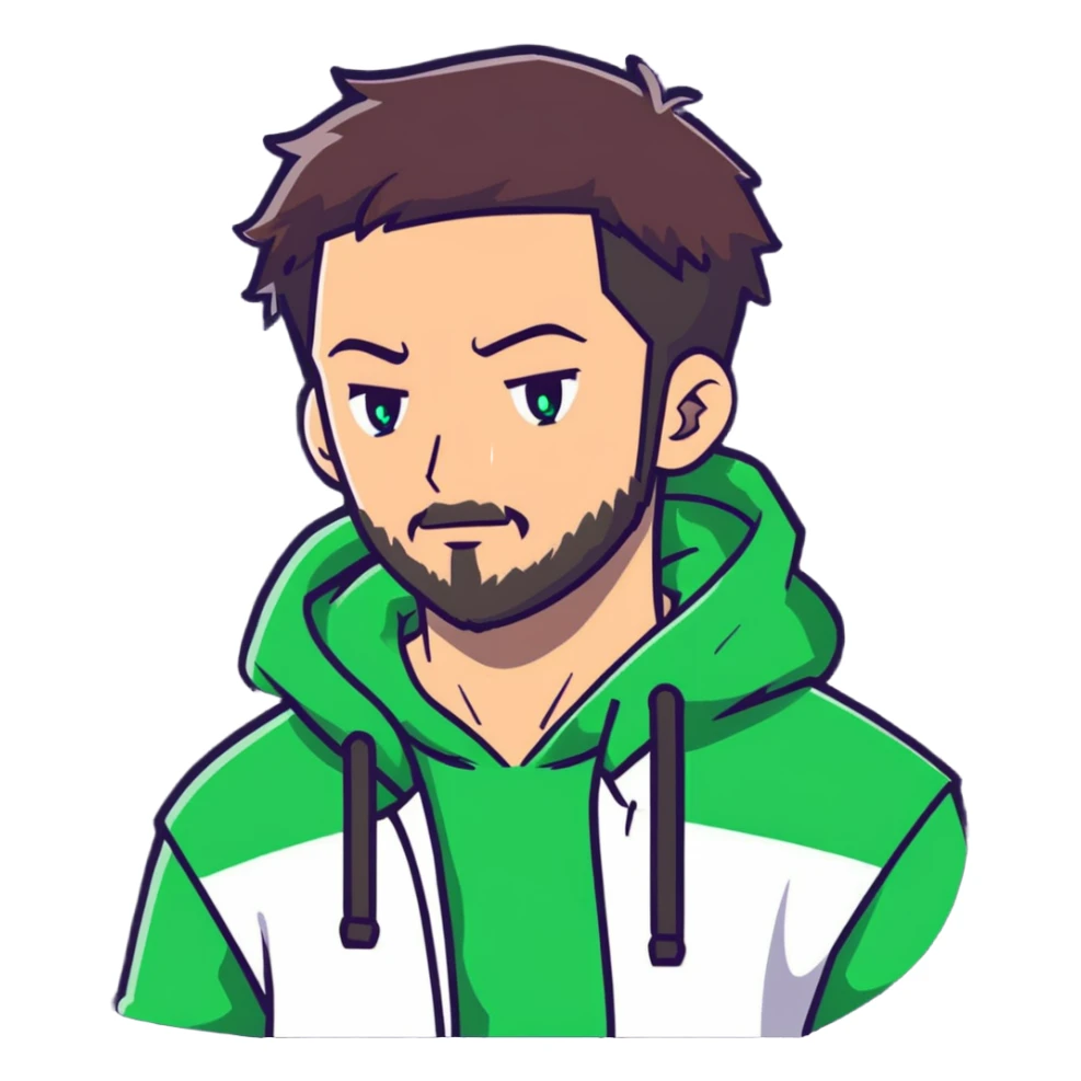 anime style man with short full beard, dark brown undercut hairstyle, white hoodie, and green eyes sticker
