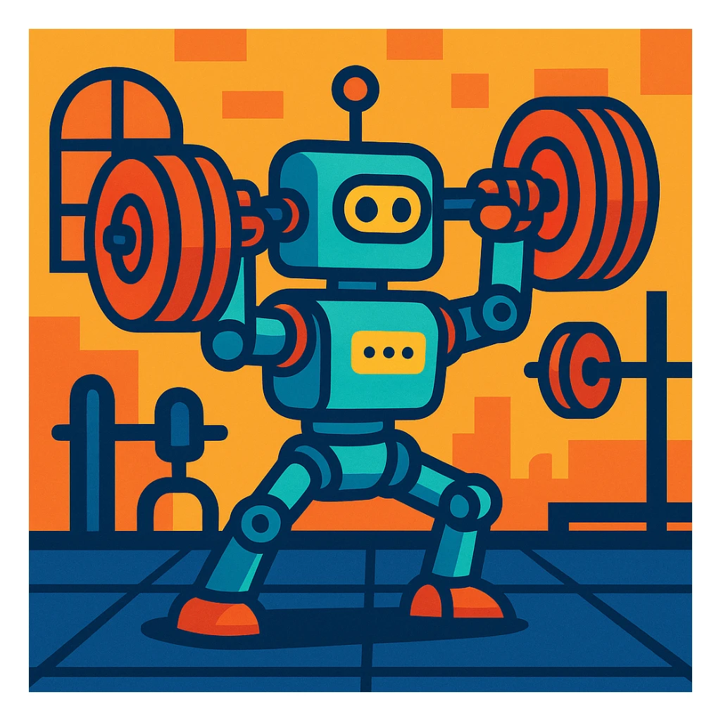 a robot lifting weights in a gym, vibrant cartoon style sticker