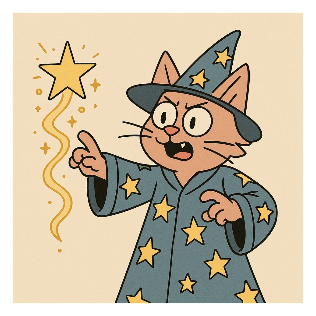 A cat wizard wearing a starry robe casting a spell, cartoon style sticker