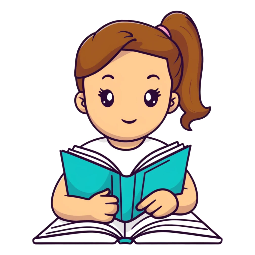 Cute girl with ponytail reading from an open notebook sticker