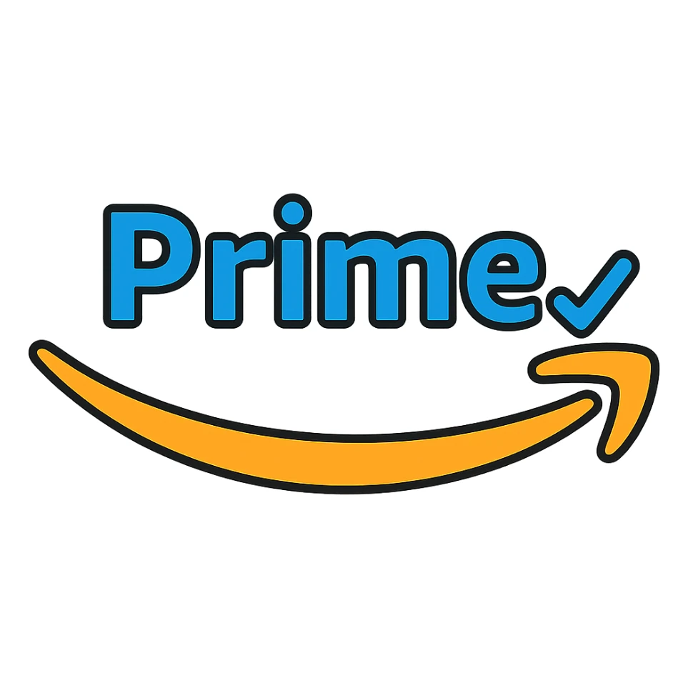 Add an Amazon Prime element such as a blue checkmark or 'Prime' swoosh to the Amazon smile arrow icon. Keep the style bold and recognizable with no background. sticker