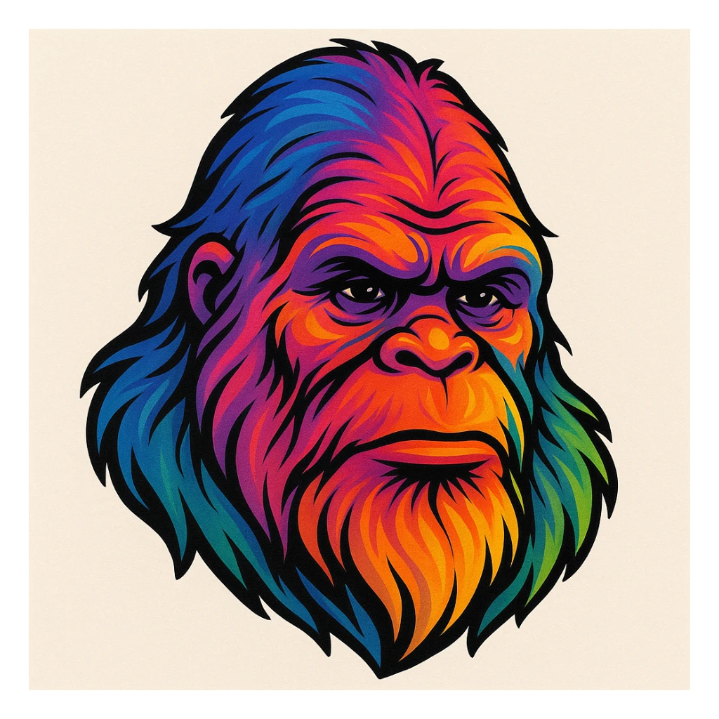 bigfoot head, stylized, colorful gradient fur sticker