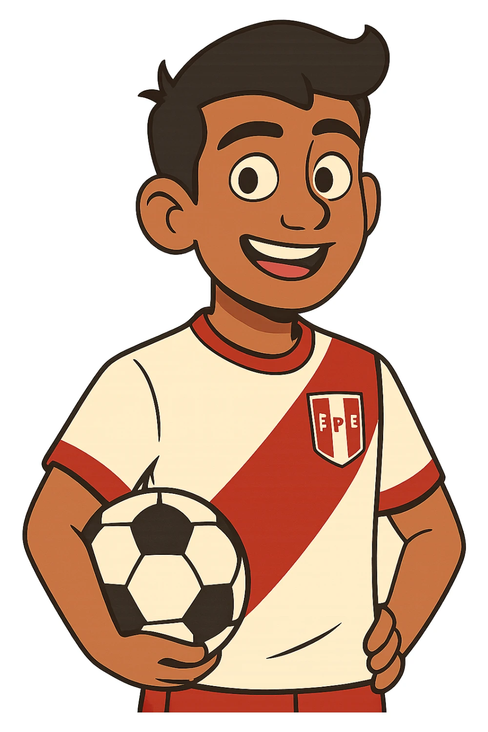 young Peruvian soccer player with red and white jersey, smiling, cartoon style sticker