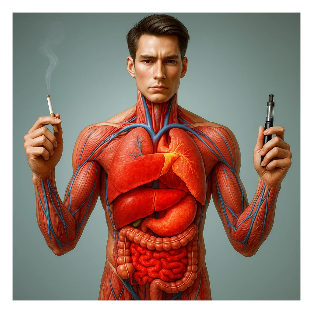 Medical illustration, hyperrealistic 4K, realistic anatomical human body, inflamed liver and intestine highlighted, holding a lit normal cigarette in the right hand and an electronic cigarette in the left hand, clear background, extremely detailed, same lighting and style as the provided reference image. sticker