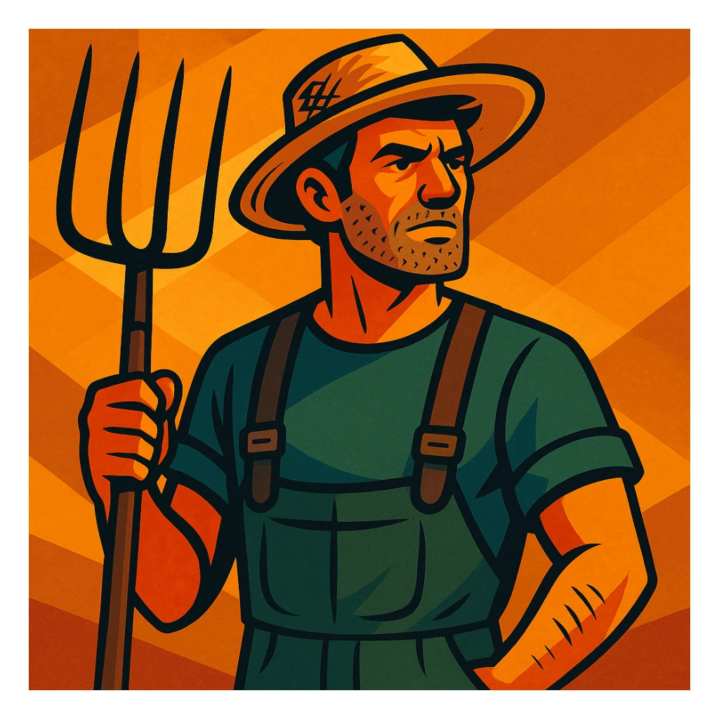 vibrant toon style illustration of a rugged middle-aged farmer, sun-bleached face, black hair, strong jaw, stubble, green trousers, suspenders, green T-shirt, straw hat, holding pitchfork, dramatic warm golden-brown background, bold lines, mix of warm and cool lighting, rustic rural America vibe sticker