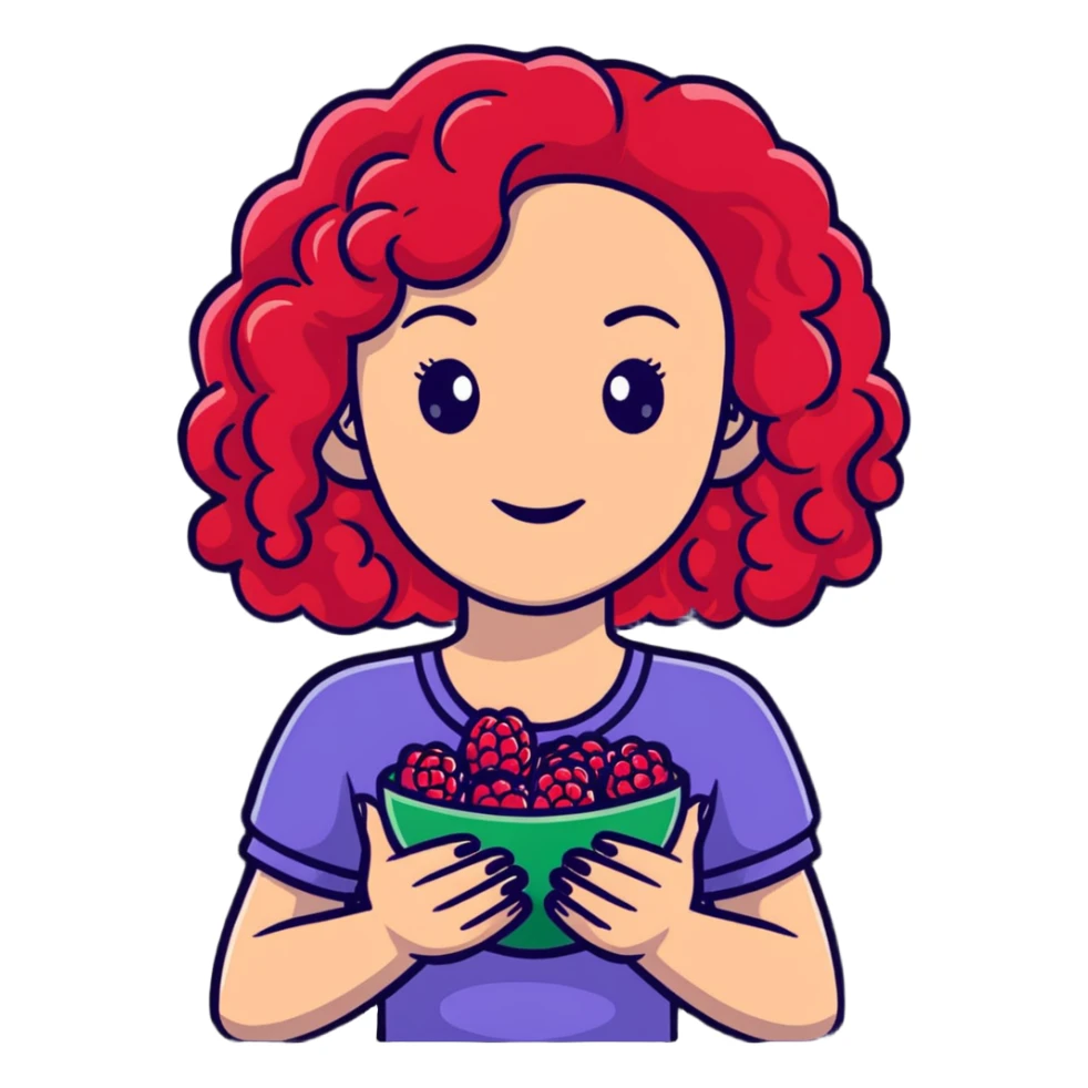 red-haired curly-haired woman holding raspberries in her hands sticker