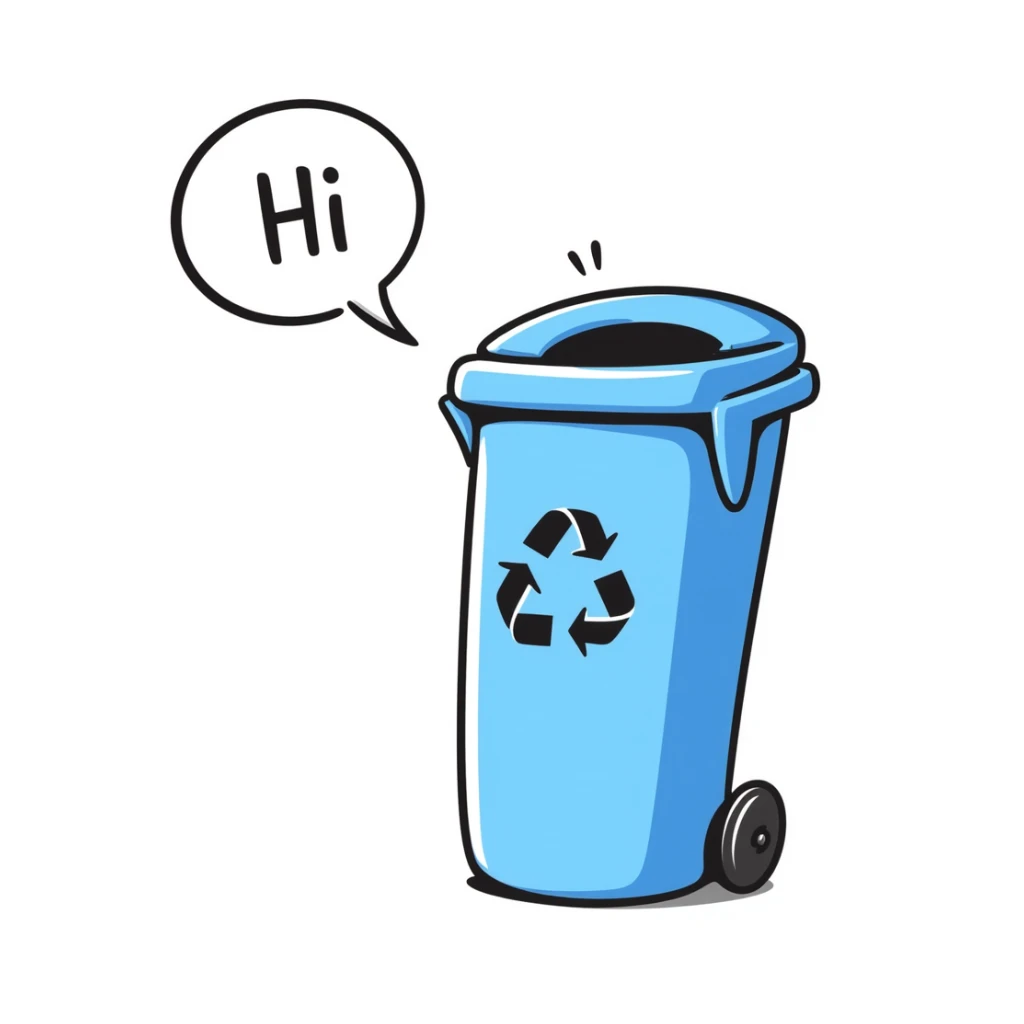 hand-drawn blue bin with a smile, speech bubble with 'hi' sticker