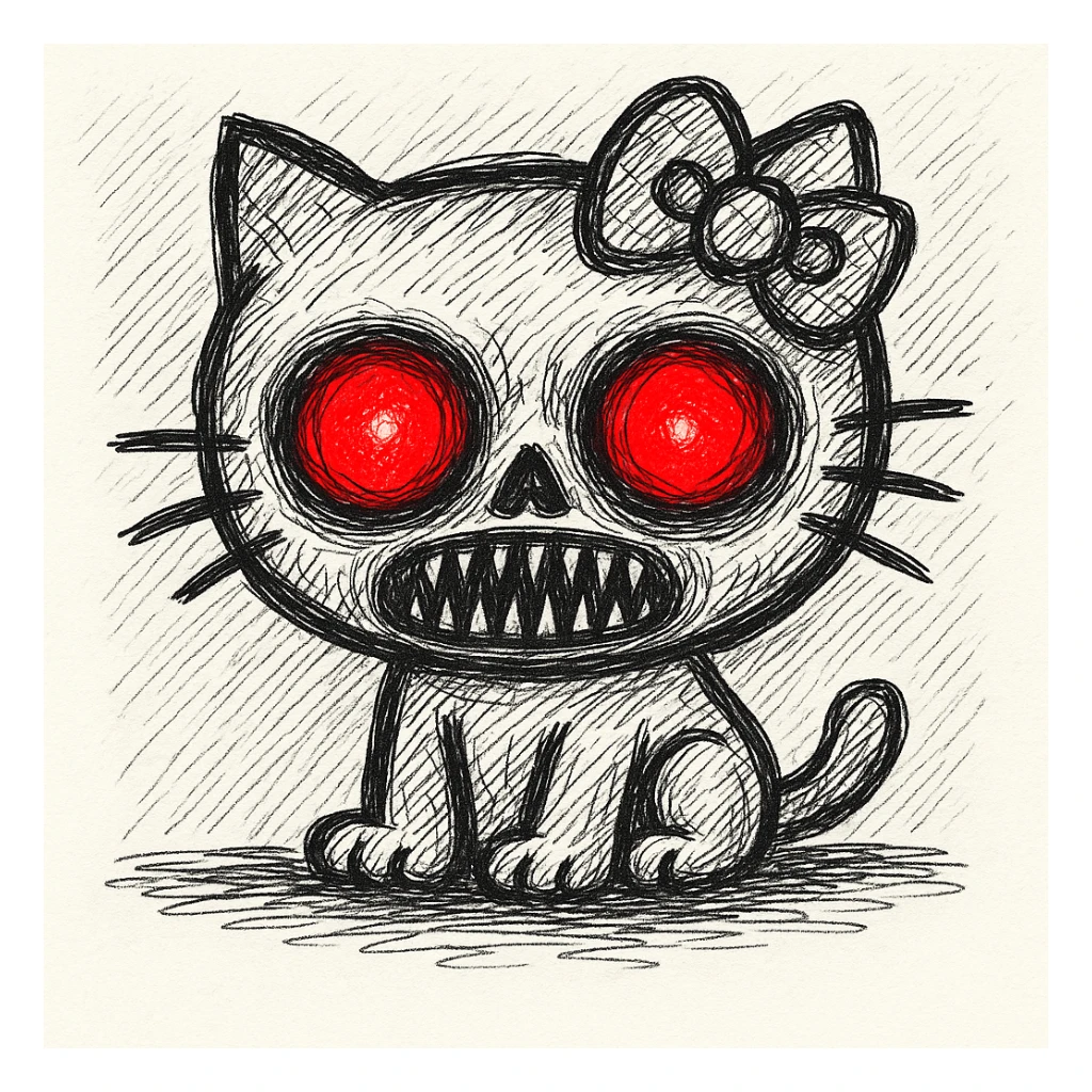 Make Hello Kitty's eyes glow bright red, keeping the horror face and unsettling features, in the style of doodle (notion style hand drawn doodles). sticker