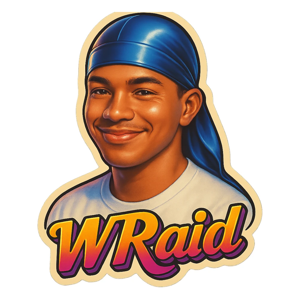 Smiling no teeth
make his shirt white
Change His durag To BLUE
Make it say "  W Raid " sticker