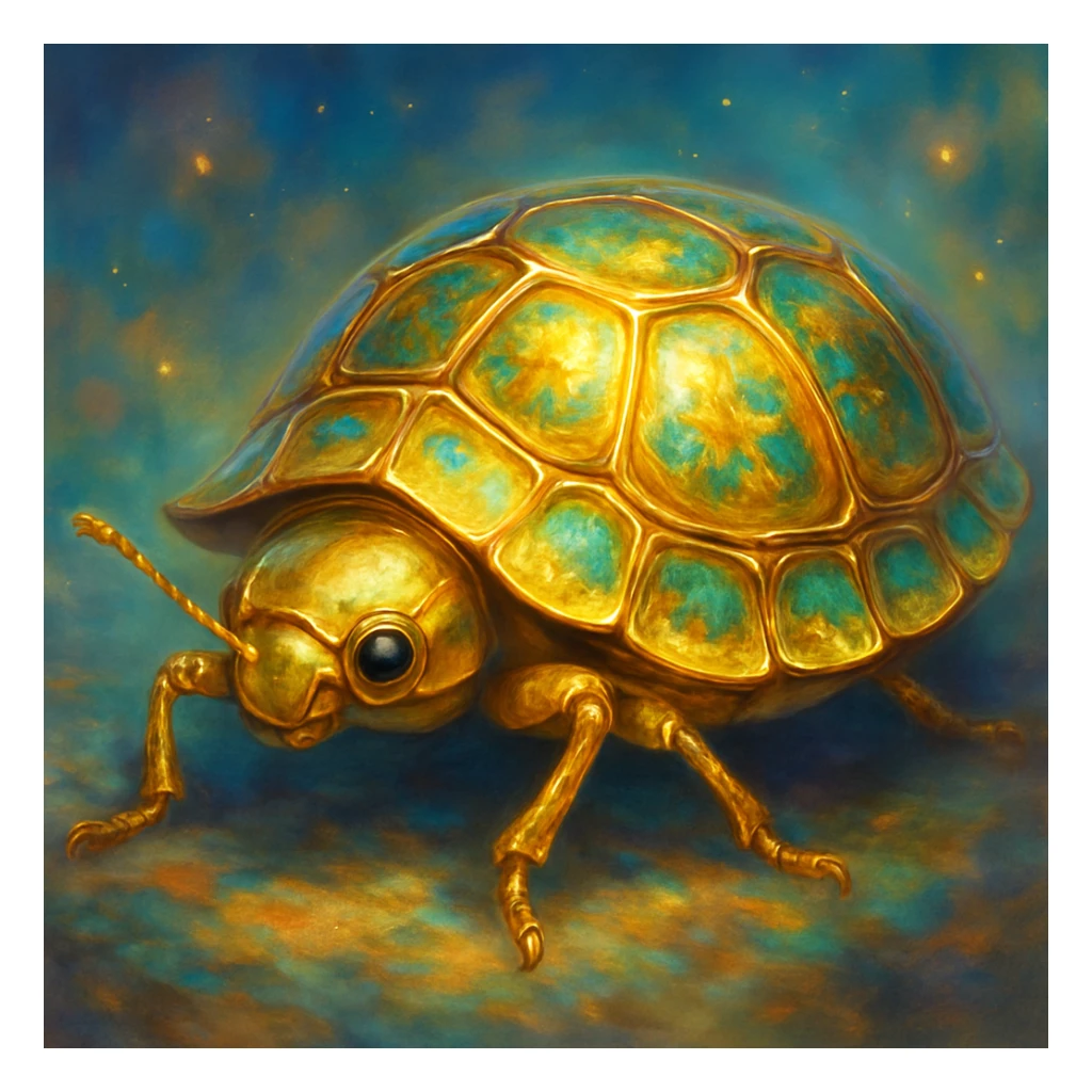 Golden Tortoise Beetle with a tortoise shell-like carapace, unique and surreal art style sticker