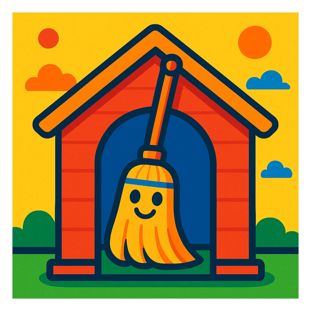 a broom inside a doghouse, vibrant and playful style sticker