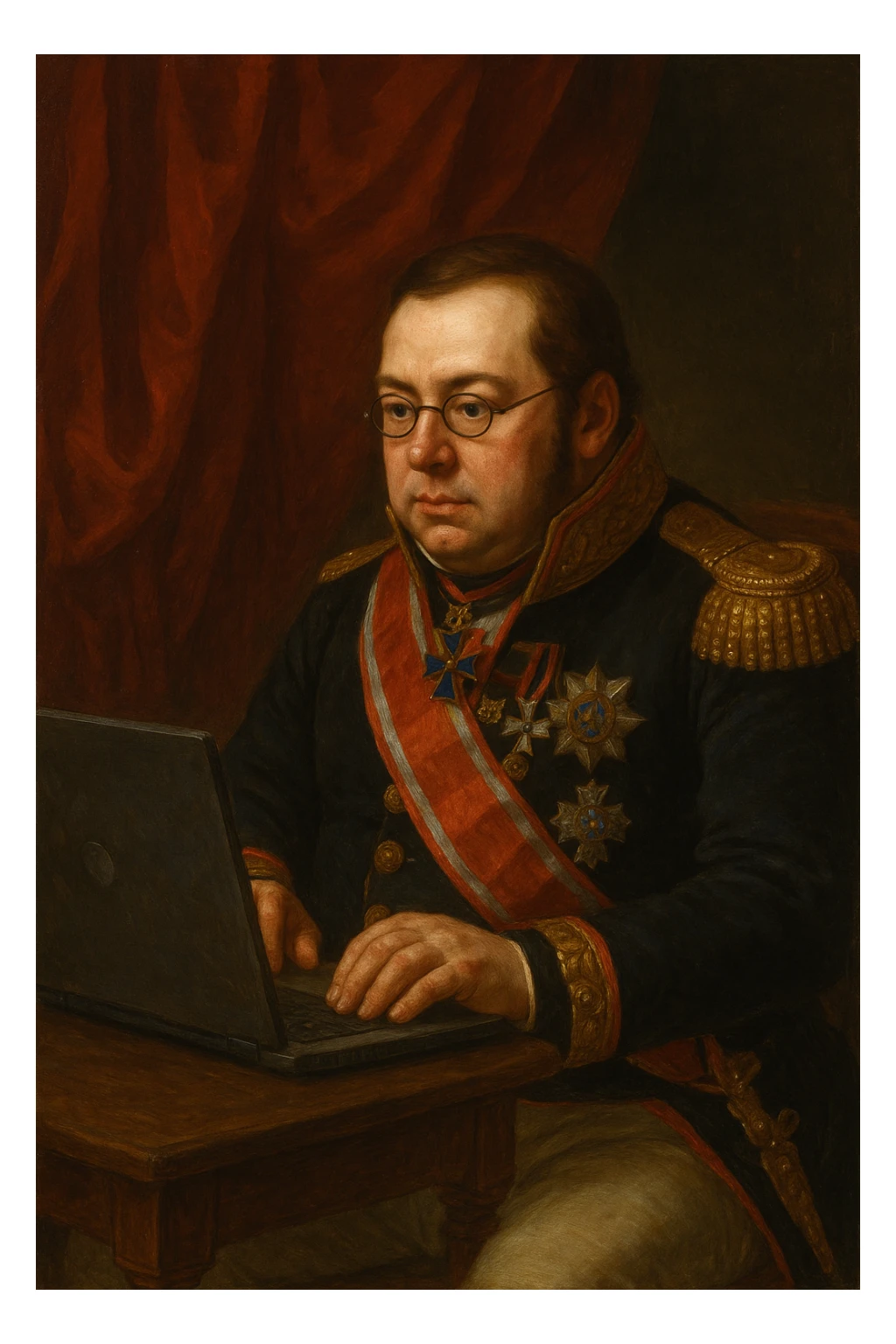 Павел Николаевич Демидов сидит за ноутбуком и что-то изучает в мониторе, рисованный стиль sticker