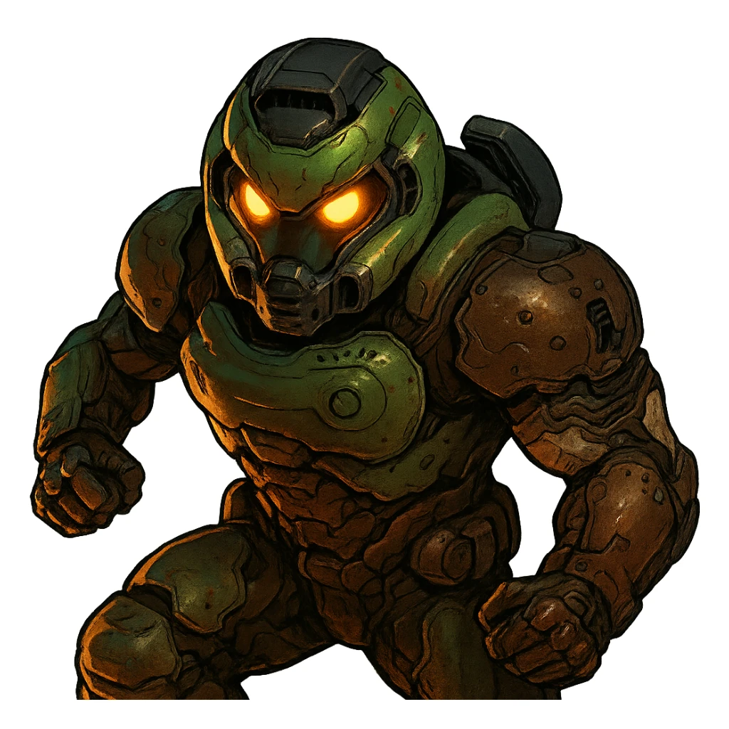 doom slayer, stylized helmet, glowing eyes, dynamic stance, sci-fi style, dramatic lighting sticker