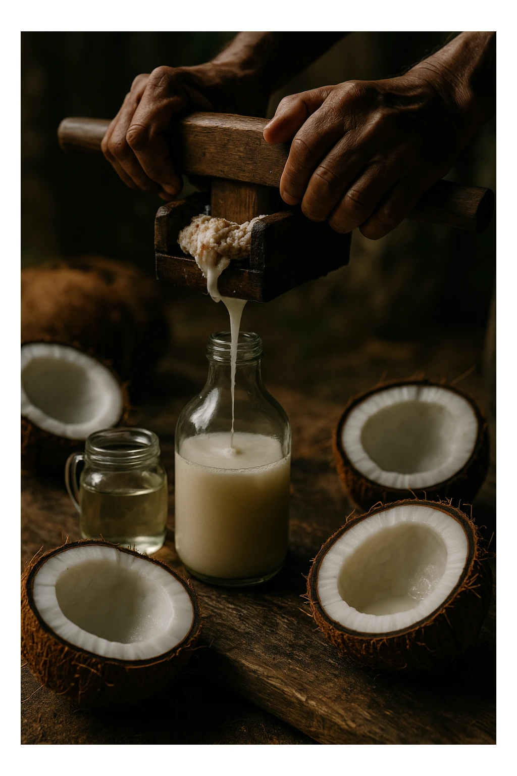 realistic vertical 2:3 image of organic coconut oil extraction process, showing opened coconuts, manual or press squeezing, and pure oil being extracted. Cinematic style, natural details, no text. sticker