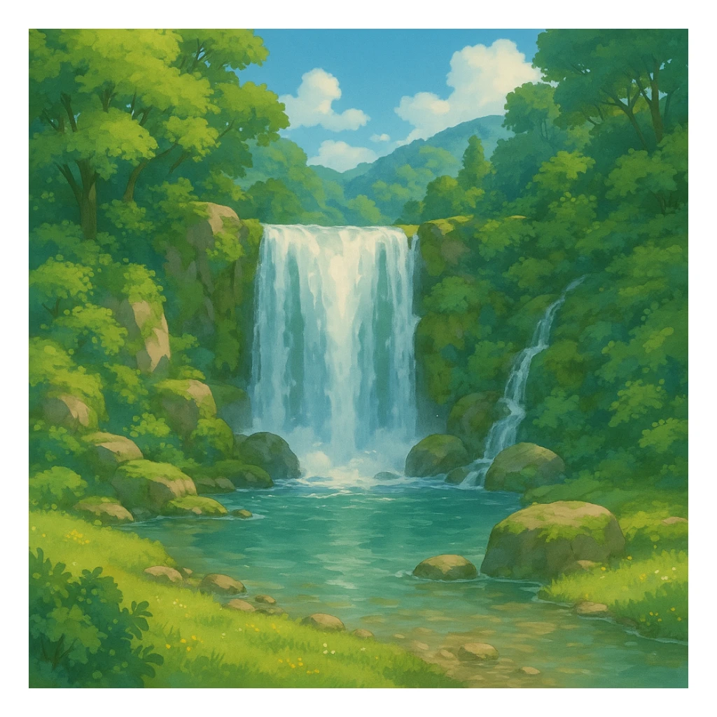 waterfall emoji, similar to 🏞️, ghibli style sticker