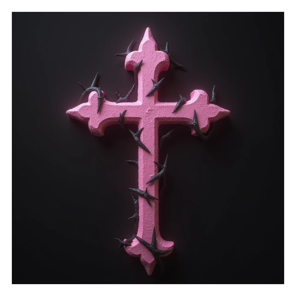 realistic gothic cross, pink with black thorns, photorealistic style sticker
