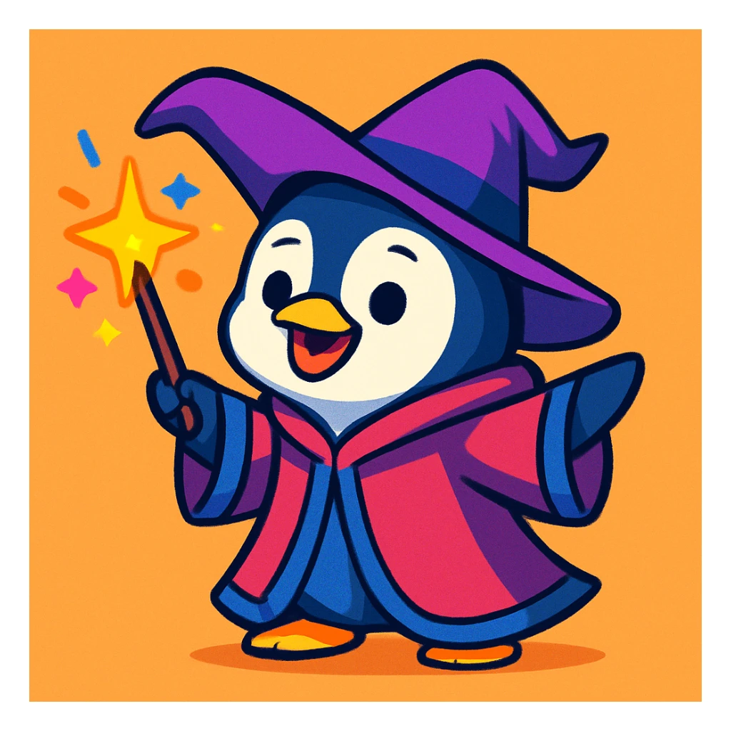 cute penguin wizard casting a spell, wearing robe, holding wand, cartoon style, colorful and friendly sticker