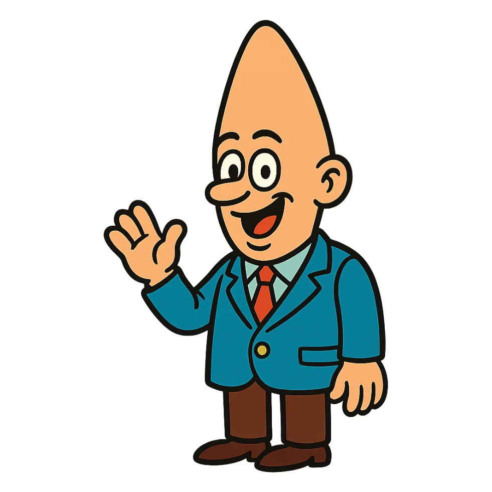 A Coneheads man, inspired by the classic SNL character, with a tall cone-shaped head, wearing a suit, in a playful cartoon style sticker
