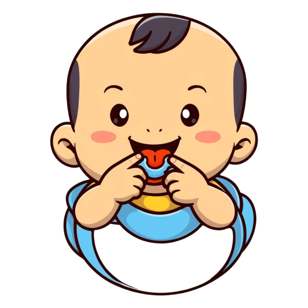 smiling baby boy teething with finger in mouth sticker