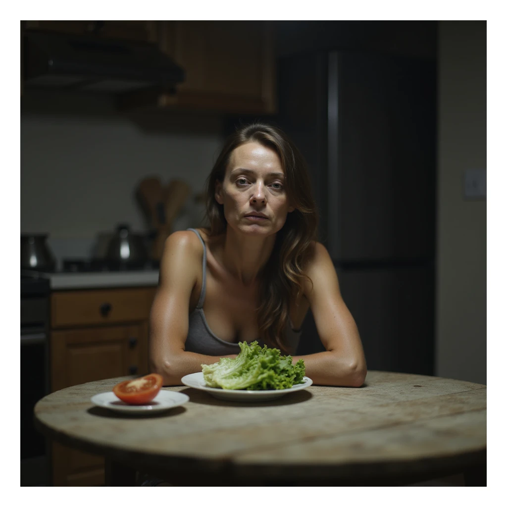 realistic style adult very thin woman sitting at kitchen table with only a lettuce leaf and a slice of tomato on a small plate in front of her, dull and sad expression, curved shoulders, cold lighting, atmosphere of deprivation sticker