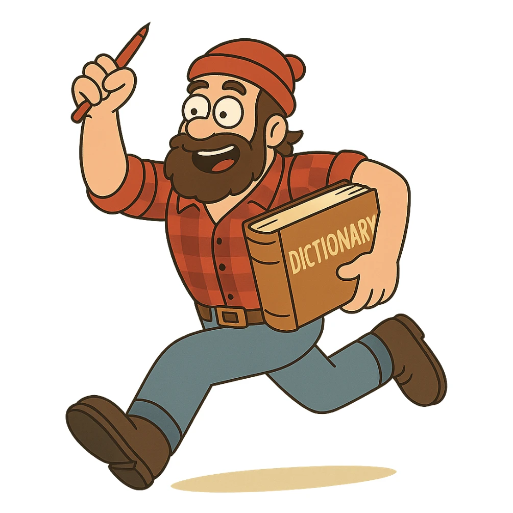 colorful and playful style lumberjack in action, running with a large dictionary under his arm and waving a red pen sticker