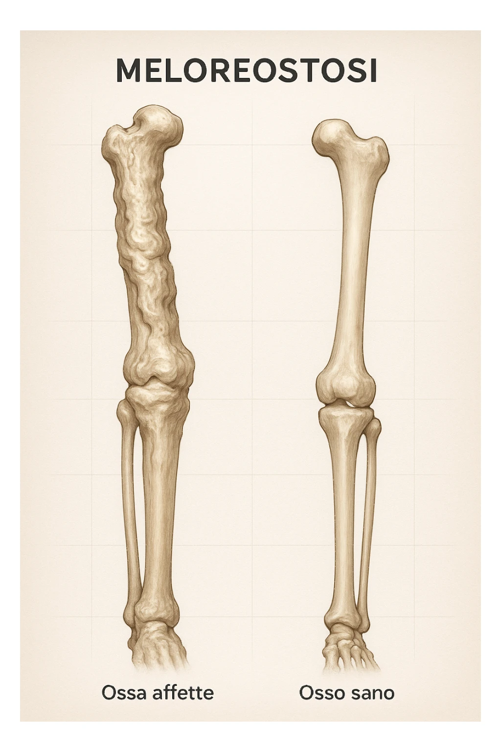 A highly realistic medical illustration focusing on a human arm and leg bones affected by melorheostosis. The bones appear visibly thickened, irregular, and larger than normal, with clear, layered bone growth resembling melted wax dripping down the side of the bones. The image shows a side-by-side comparison with a healthy bone for clarity, highlighting the difference in size and texture. The color palette includes neutral bone colors with subtle shading to show the abnormal contours and ridges. The background is clean and minimalistic, with faint anatomical grid lines for a scientific, educational feel. The overall mood is informative and precise, conveying the key visual characteristic of melorheostosis: progressive bone thickening that makes bones visibly larger and irregular. in italiano sticker