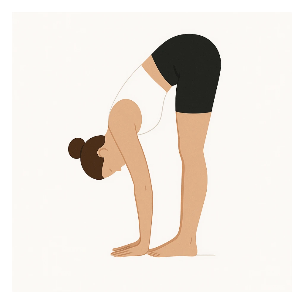 "Minimalist flat vector illustration of a woman doing yoga in forward fold pose (Uttanasana), wearing sportswear (white top and black shorts), brown hair in a bun, clean white background, no face details, elegant style" sticker