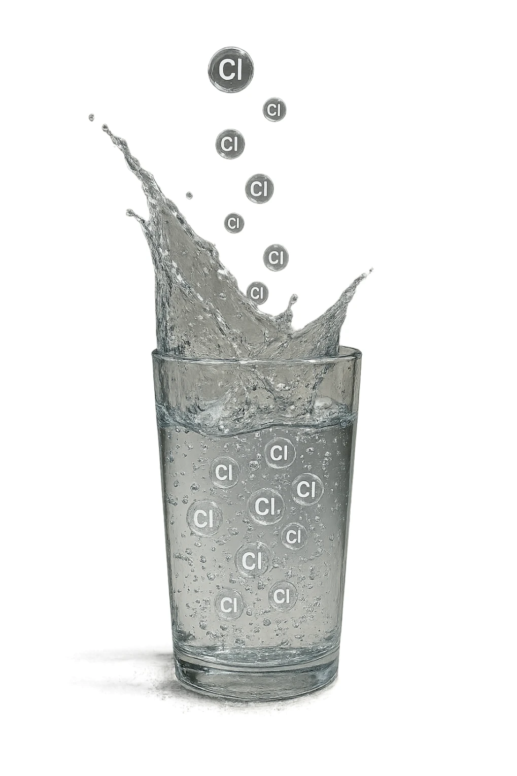 un bicchiere di acqua cade verticalmente dall'alto realistico e dettagliato, dentro l'acqua del bicchiere ci sono particelle di cloro ben visibili con la scritta "Cl" sopra, ci sono particelle anche che escono dal bicchiere e fluttuano in aria verticalmente, mentre alcune sono all'interno dell'acqua nel bicchiere, iperrealistico 4k sticker