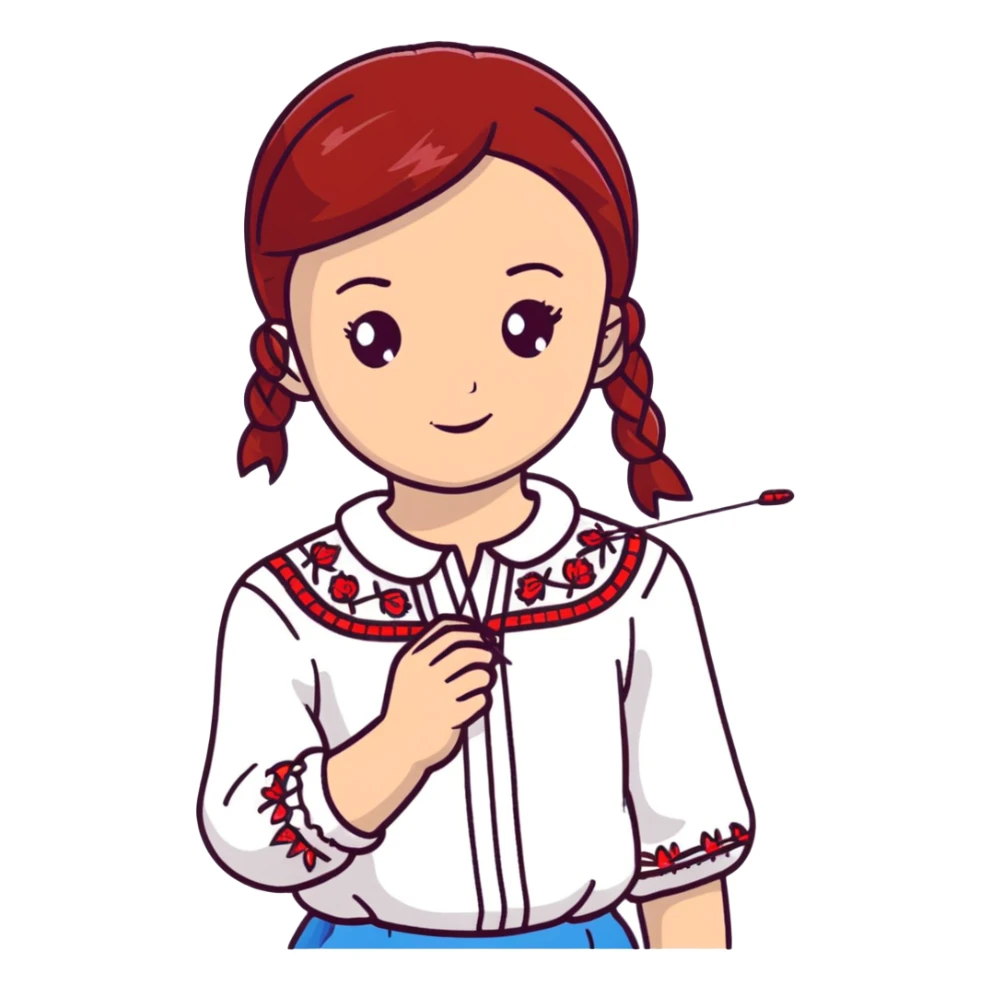 A young Ukrainian girl in a white embroidered shirt holds a red thread and a needle in her hand sticker
