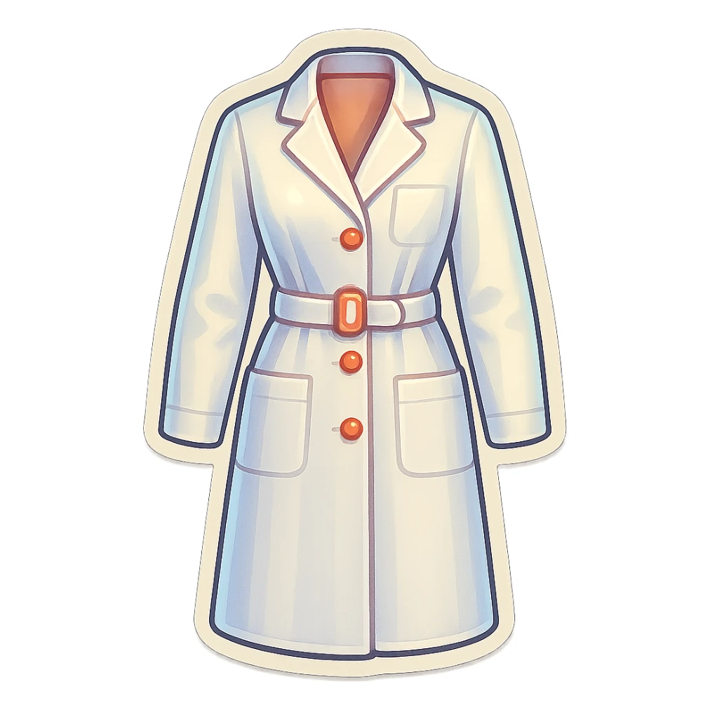 female medical coat with belt full length, no girl, front view, retro stickers style, soft rounded shapes, clean contours, pastel palette, detailed shadows and highlights, modern illustration, transparent background sticker