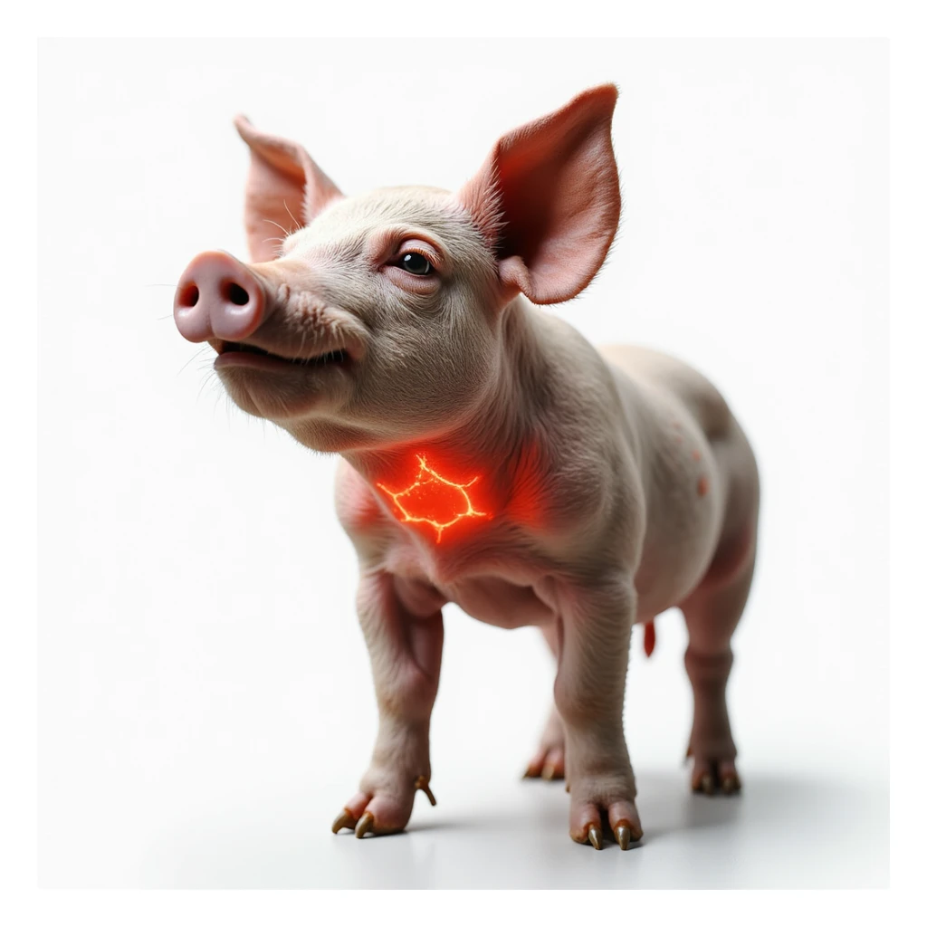 Realistic pig on isolated white background, thyroid area on neck highlighted in red, clear anatomical details, hyperrealism, 4K quality, pig with head slightly raised sticker