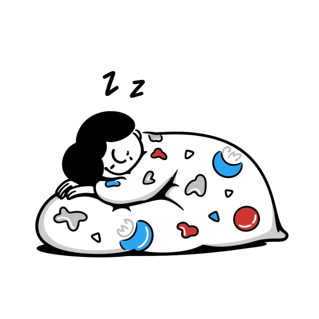A cute curled-up sleeping person under a colorful blanket with peaceful smile and soft Z's floating. Cozy feeling with gentle pastel colors. Hand-drawn doodle style. sticker