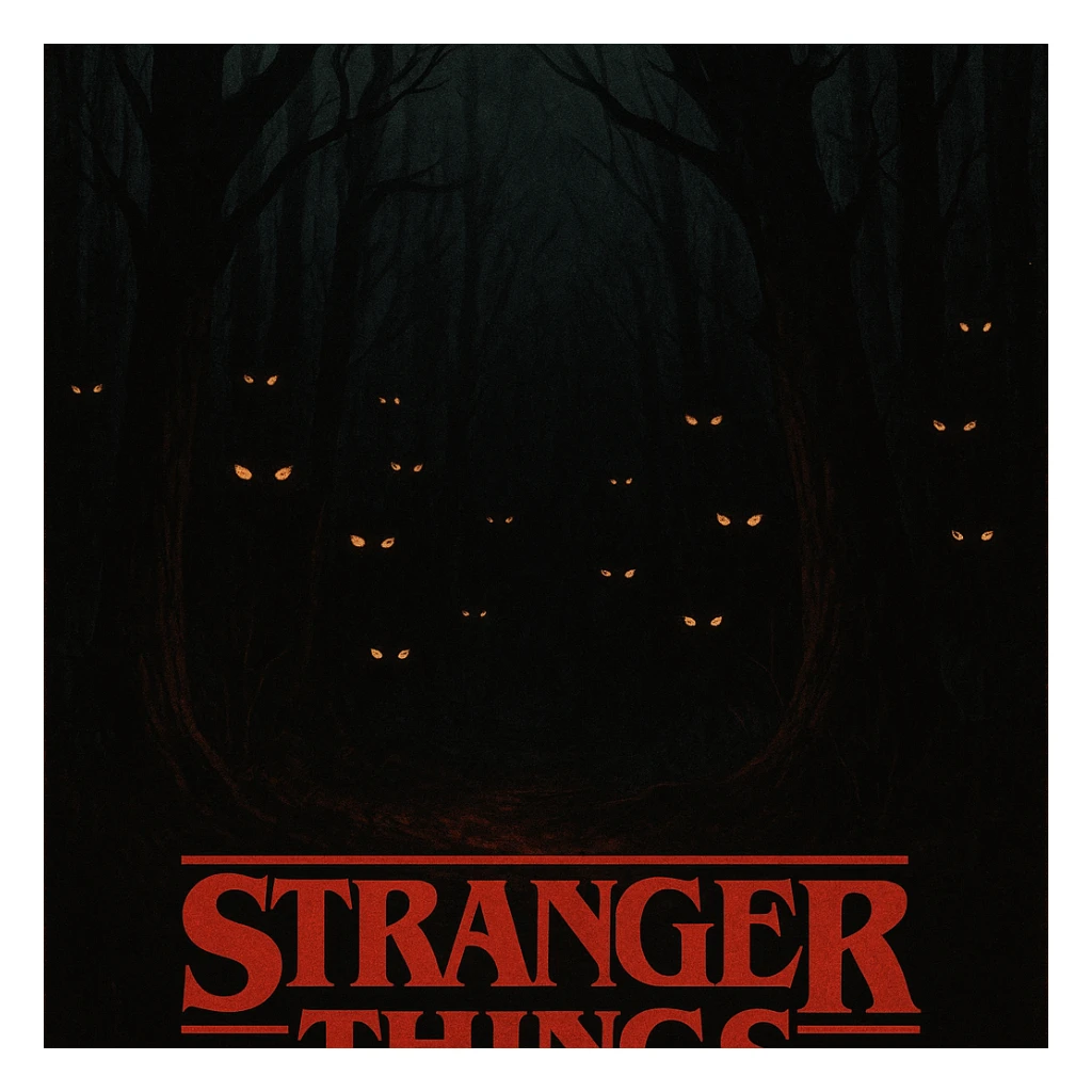 Stranger Things series horror poster style, a dark forest with glowing eyes watching from the shadows, suspenseful and haunting sticker
